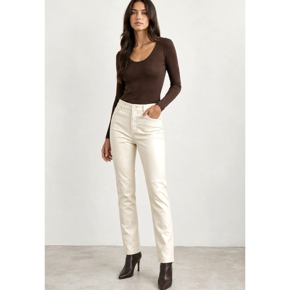 Theory Bristol 100% Leather Pants Chalk Cream Ivory SZ 6